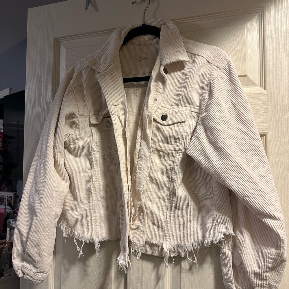 POL Cream Frayed Jean Jacket